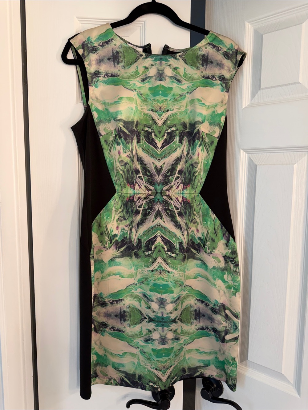 Suzi Chin for Maggy Boutique Green Marble-Print Sheath with Black Side Panels